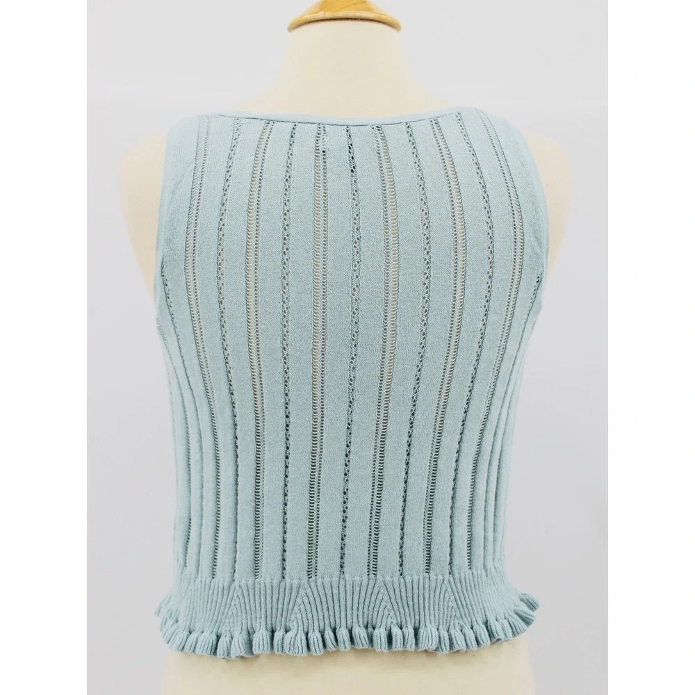 American Eagle Button Front Tank Top Size Medium Blue Knit Ruffle Hem - Picture 5 of 14